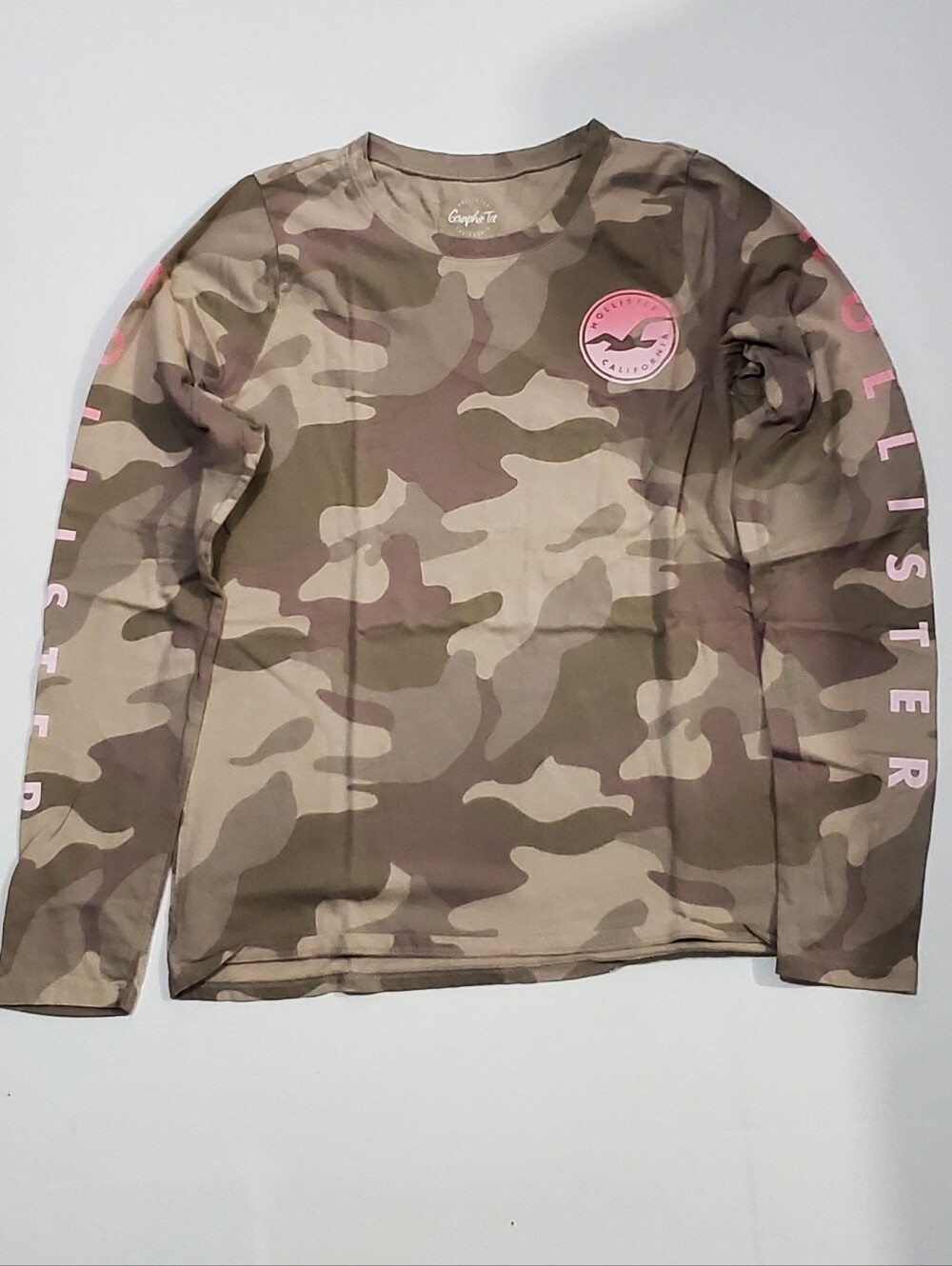 Hollister Olive Camo Long-Sleeve Tee with Pink Logo